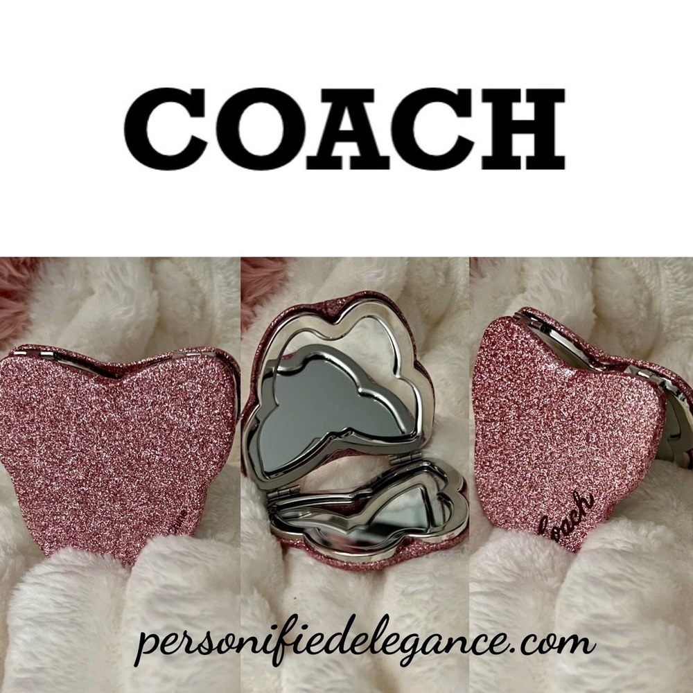 NEW Coach Pink Silver Glitter Butterfly Dual Sided Compact Mirror